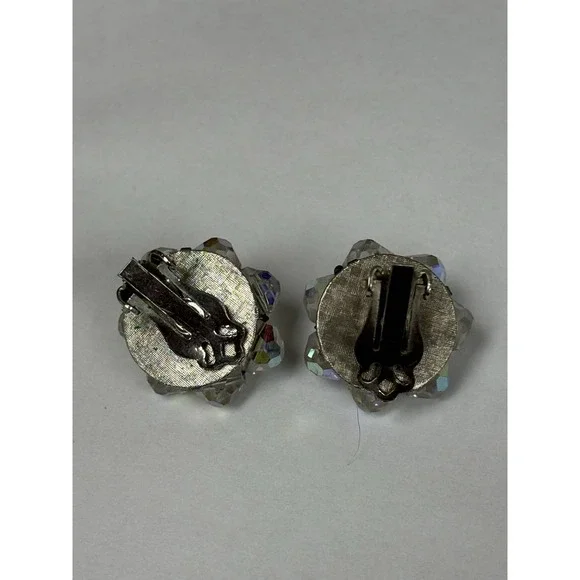 Vintage Aurora Borealis Earrings Clear Crystal Sparkle Clip Silver Tone Unsigned - Picture 4 of 7